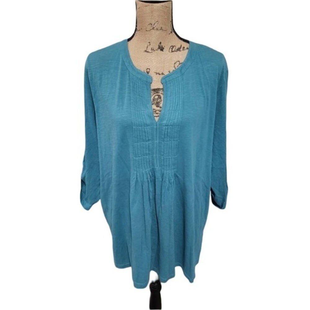 Talbots Woman Teal Blue Slub Cotton Pintuck Split Neck Roll Tab Tunic Top 3X